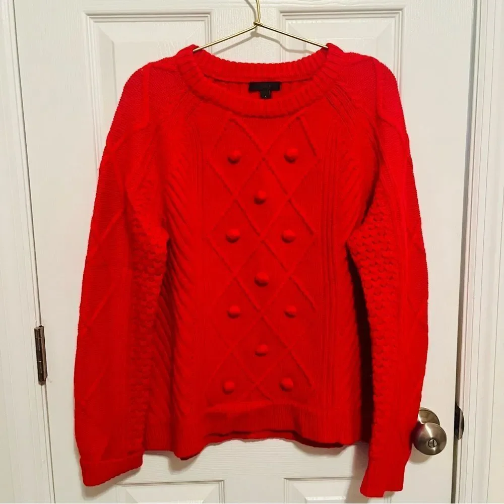 J. Crew Hawthorne Cable Knit Pom-Pom 100% Wool Sweater